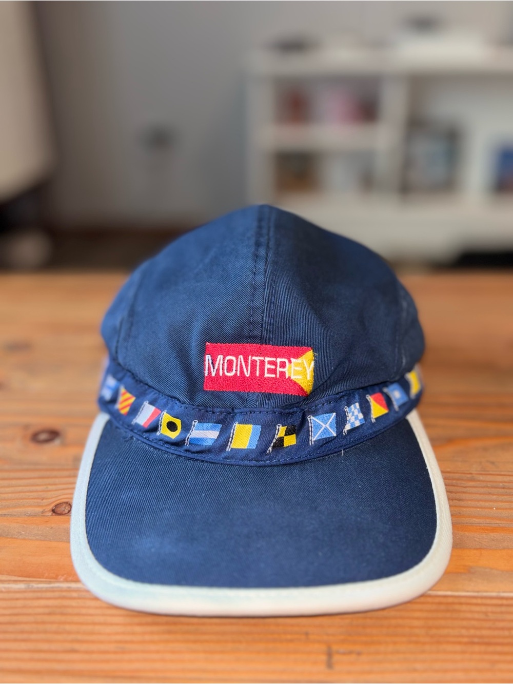 Vintage Monterey Nautical Flag 5 Panel Hat Navy Blue Sailing Travel Cap